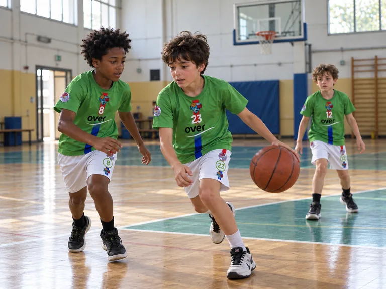 Immagine illustrativa: bambini di fantasia durante un esercizio di palleggio con divise verdi e pantaloncini bianchi
